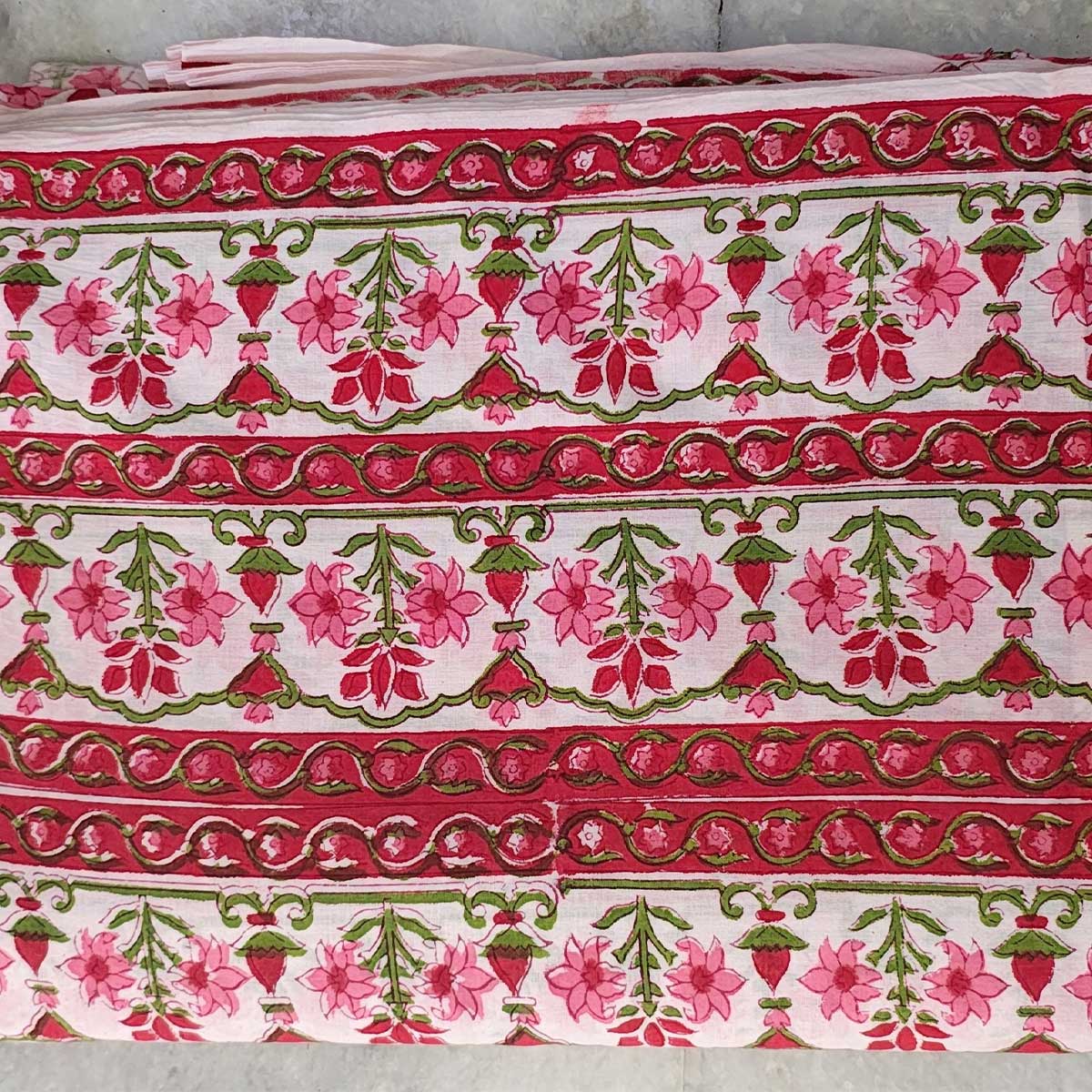 Handmade Bagru Print Textile – White And Pink Floral Print Cotton Material