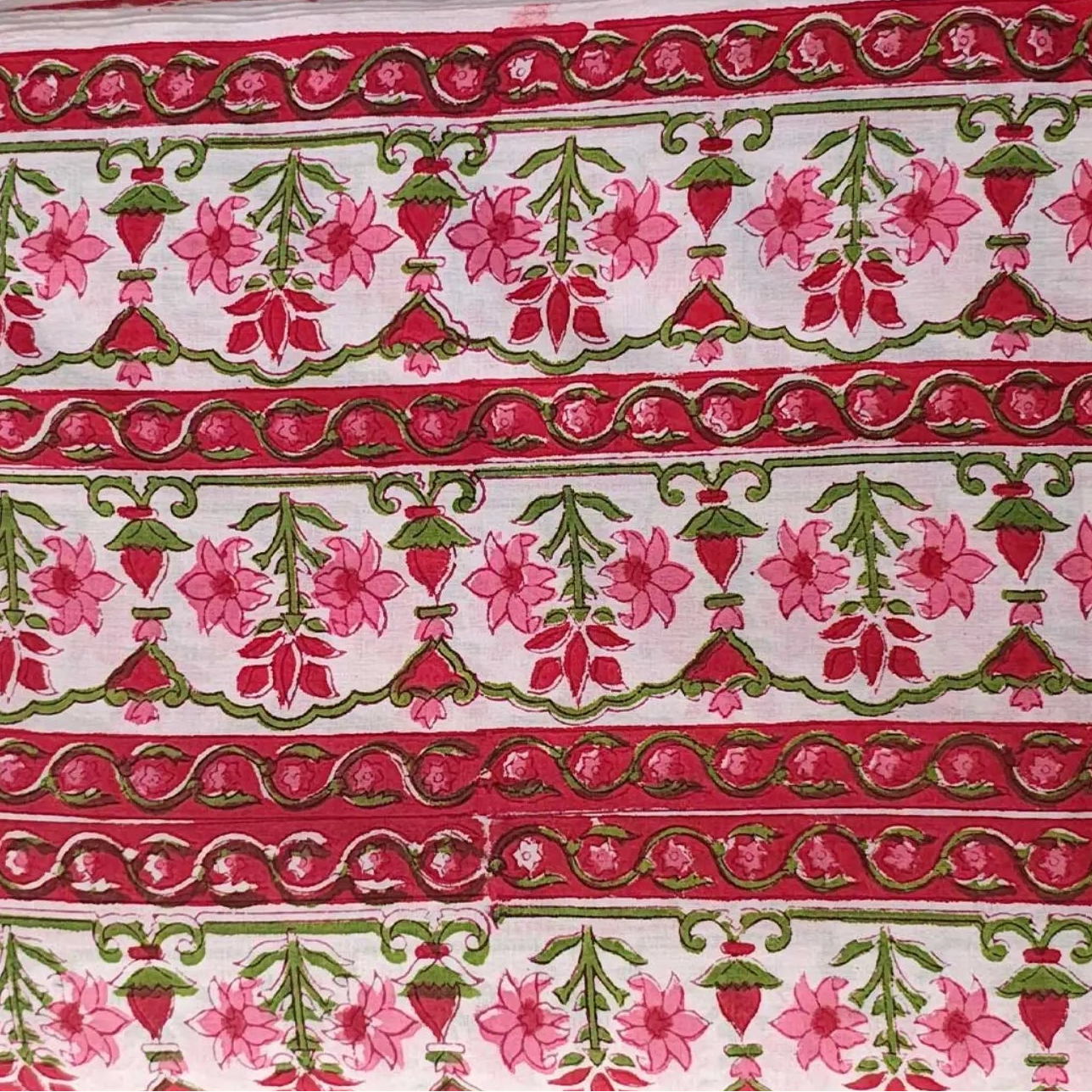 Sanganeri Hand Block Print Cotton Fabric – White And Pink Floral Print
