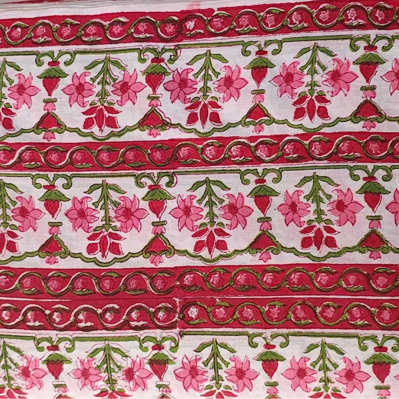 Sanganeri Hand Block Print Cotton Fabric – White And Pink Floral Print