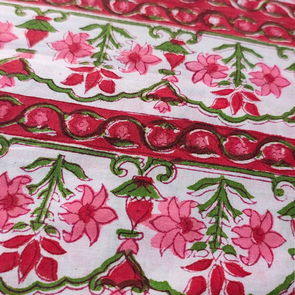Handmade Bagru Print Textile – White And Pink Floral Print Cotton Material