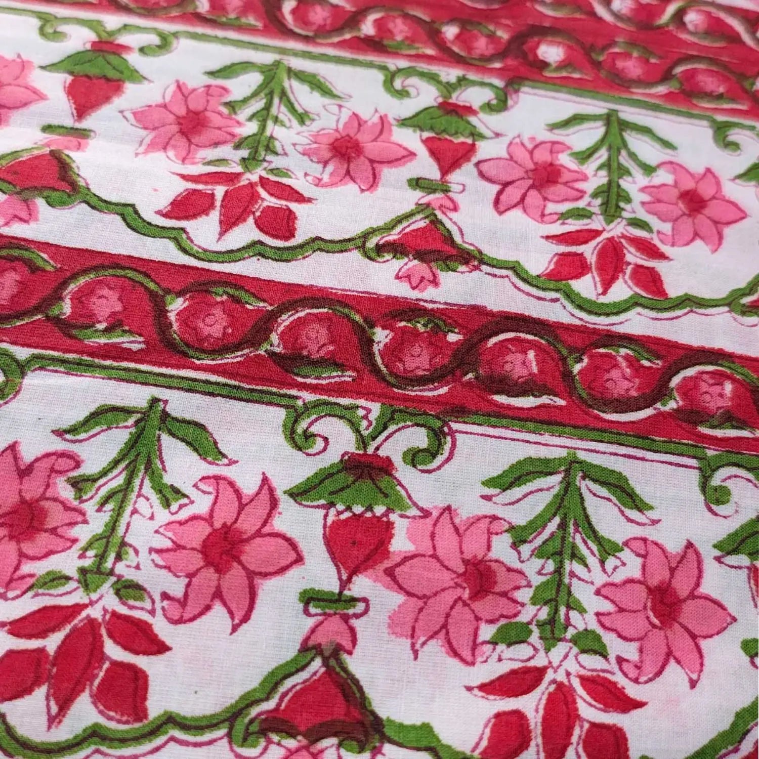 Handmade Bagru Print Textile – White And Pink Floral Print Cotton Material