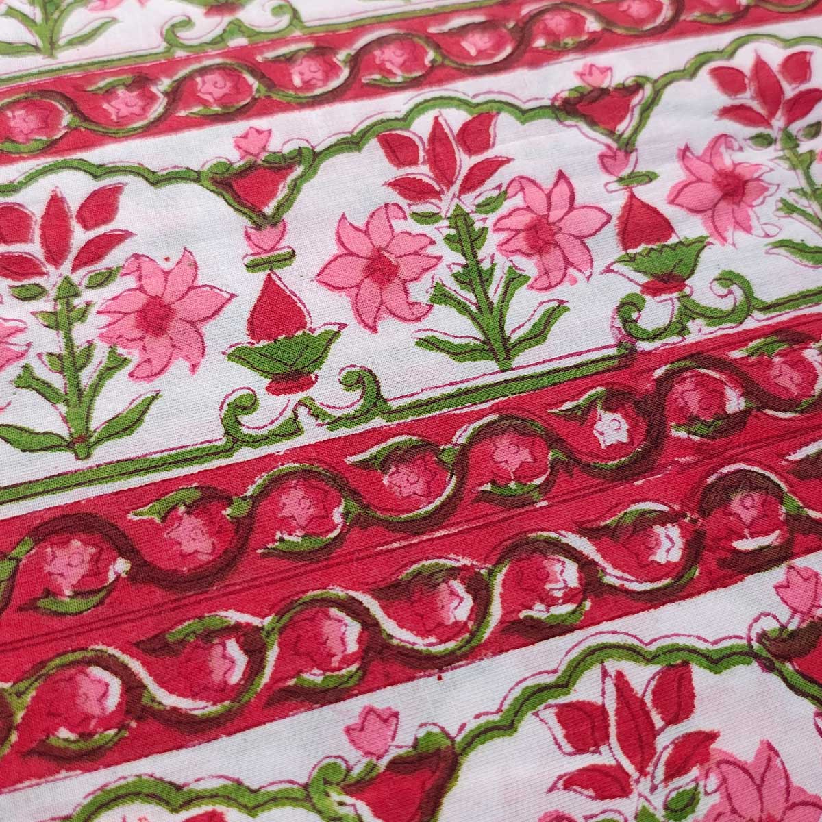 Handmade Bagru Print Textile – White And Pink Floral Print Cotton Material