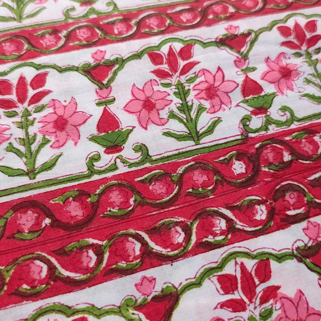 Handmade Bagru Print Textile – White And Pink Floral Print Cotton Material