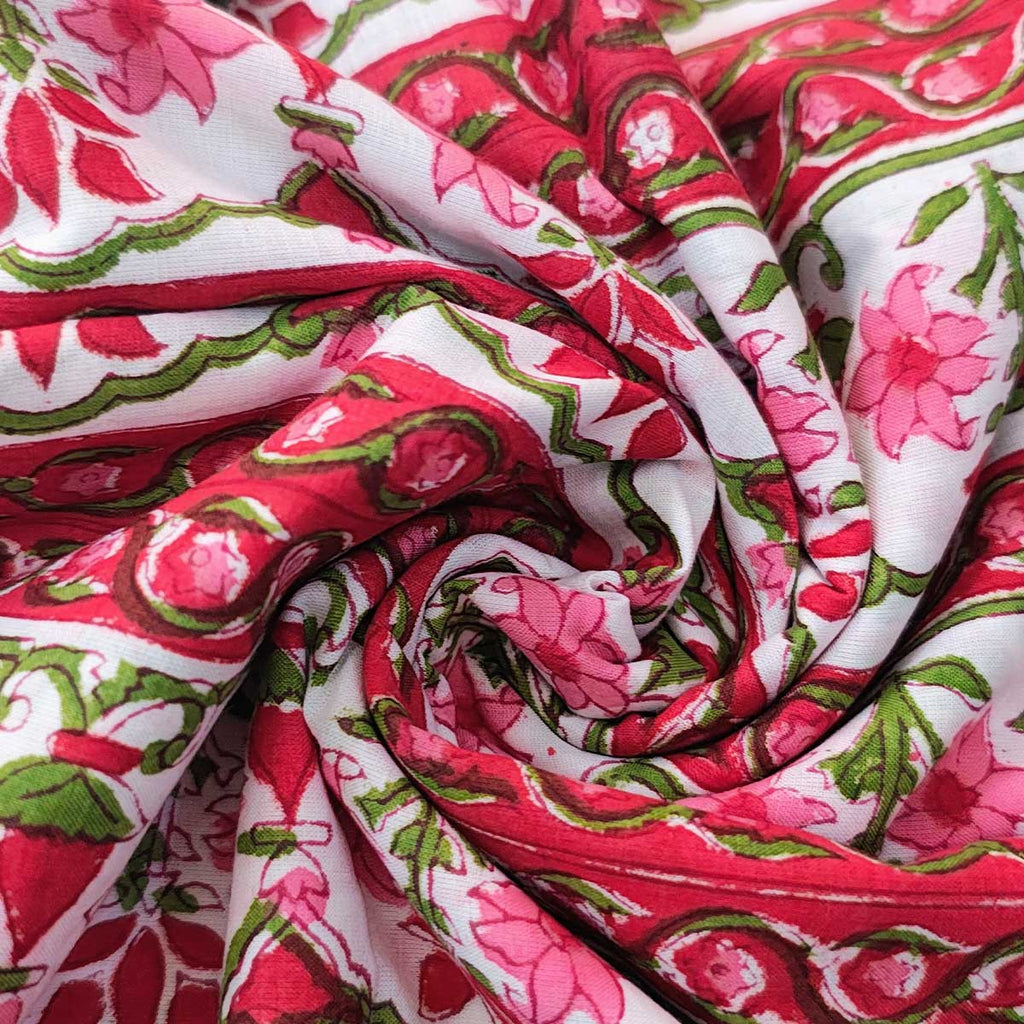 Handmade Bagru Print Textile – White And Pink Floral Print Cotton Material