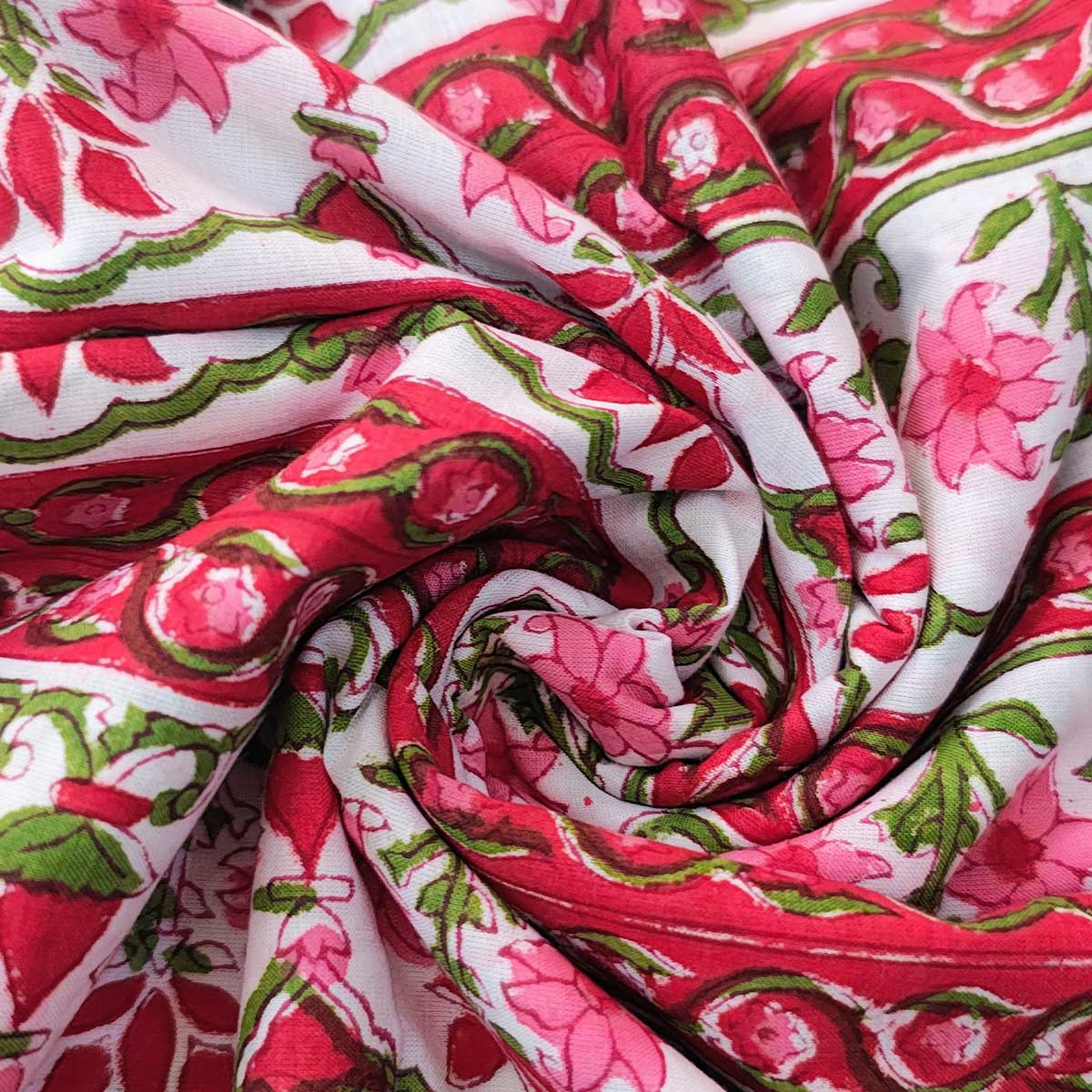 Handmade Bagru Print Textile – White And Pink Floral Print Cotton Material