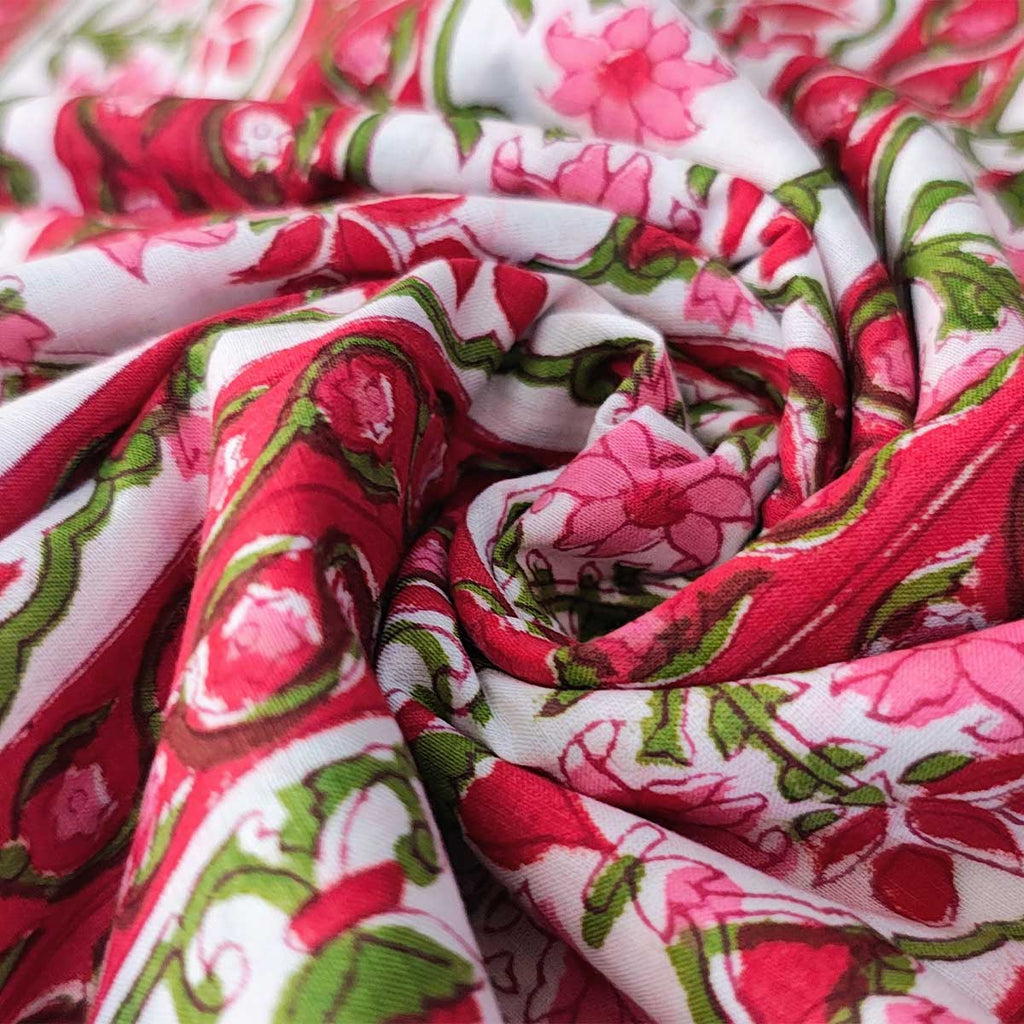Handmade Bagru Print Textile – White And Pink Floral Print Cotton Material