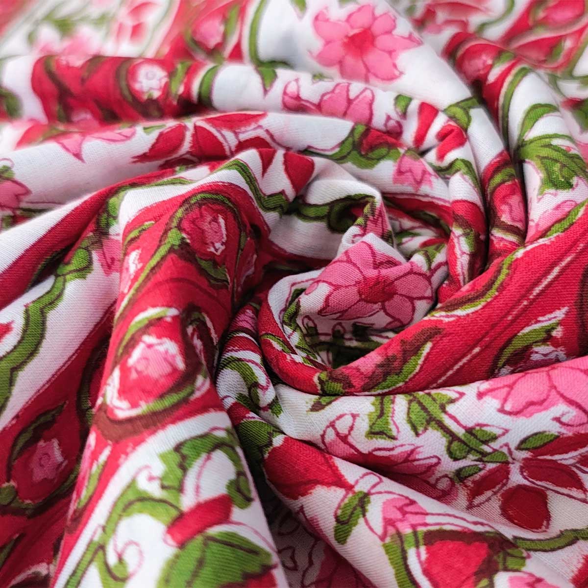 Handmade Bagru Print Textile – White And Pink Floral Print Cotton Material