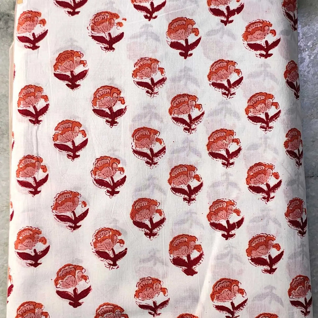 Sanganeri Hand Block Print Cotton Fabric – White Floral Print