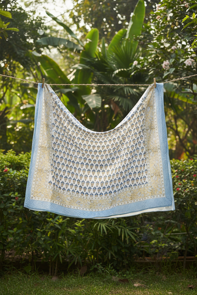 Patterned fabric with blue and gold design on a white background