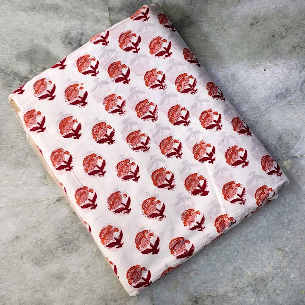 Sanganeri Hand Block Print Cotton Fabric – White Floral Print