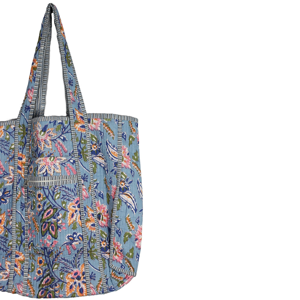 Handmade Block Print Cotton Quilted Tote Bag – Blue Floral