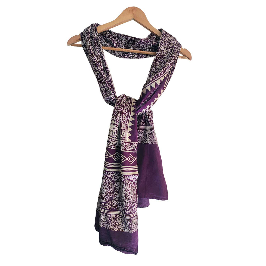 Ajrakh Hand Block Print Purple Color Viscose Stole | Traditional Geometric Print | L220 X W55 cm