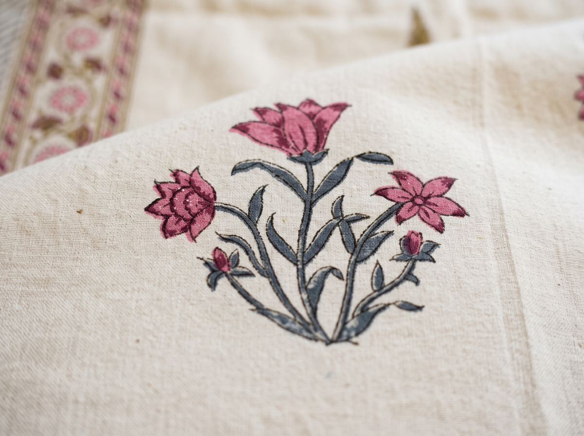 Sanganeri Hand Block Print Cotton Tablecloth 90x108, Pink Floral Mughal Buta Table Cover, 8 Seater Indian Dining Linen, Handmade Gif