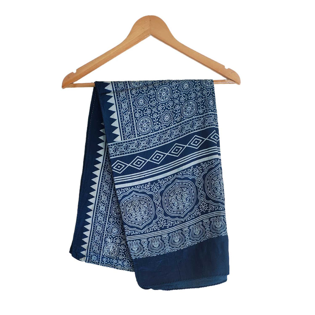 Ajrakh Hand Block Print Navy Color Viscose Stole | Traditional Geometric Print | L220 X W55 cm