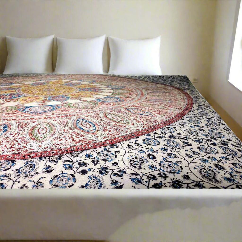 Kalamkari Block Printed Cotton Bedsheet with Floral and Traditional Motifs – 238 x 238 cm