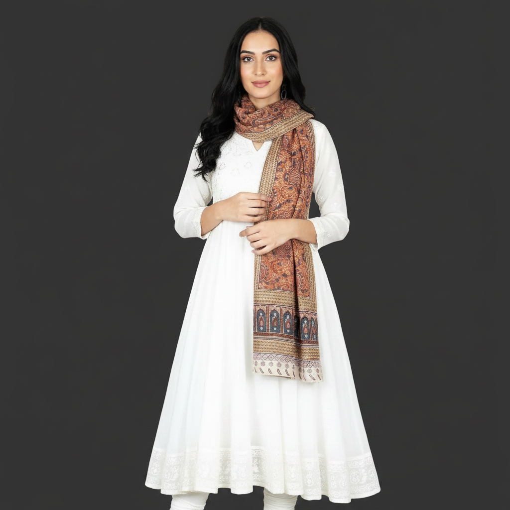 Woman wearing a white traditional outfit with a patterned scarf on a black background