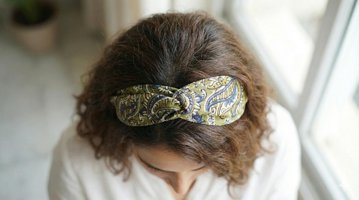 Handmade Cotton Twist Headband – Green Paisley Block Print Hair Accessory