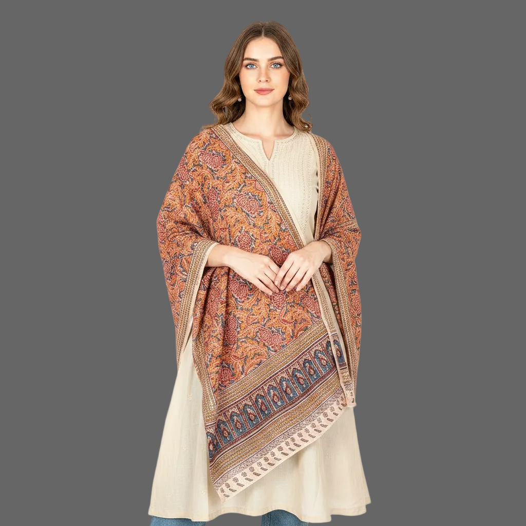 Woman wearing a patterned shawl over a beige dress on a gray background