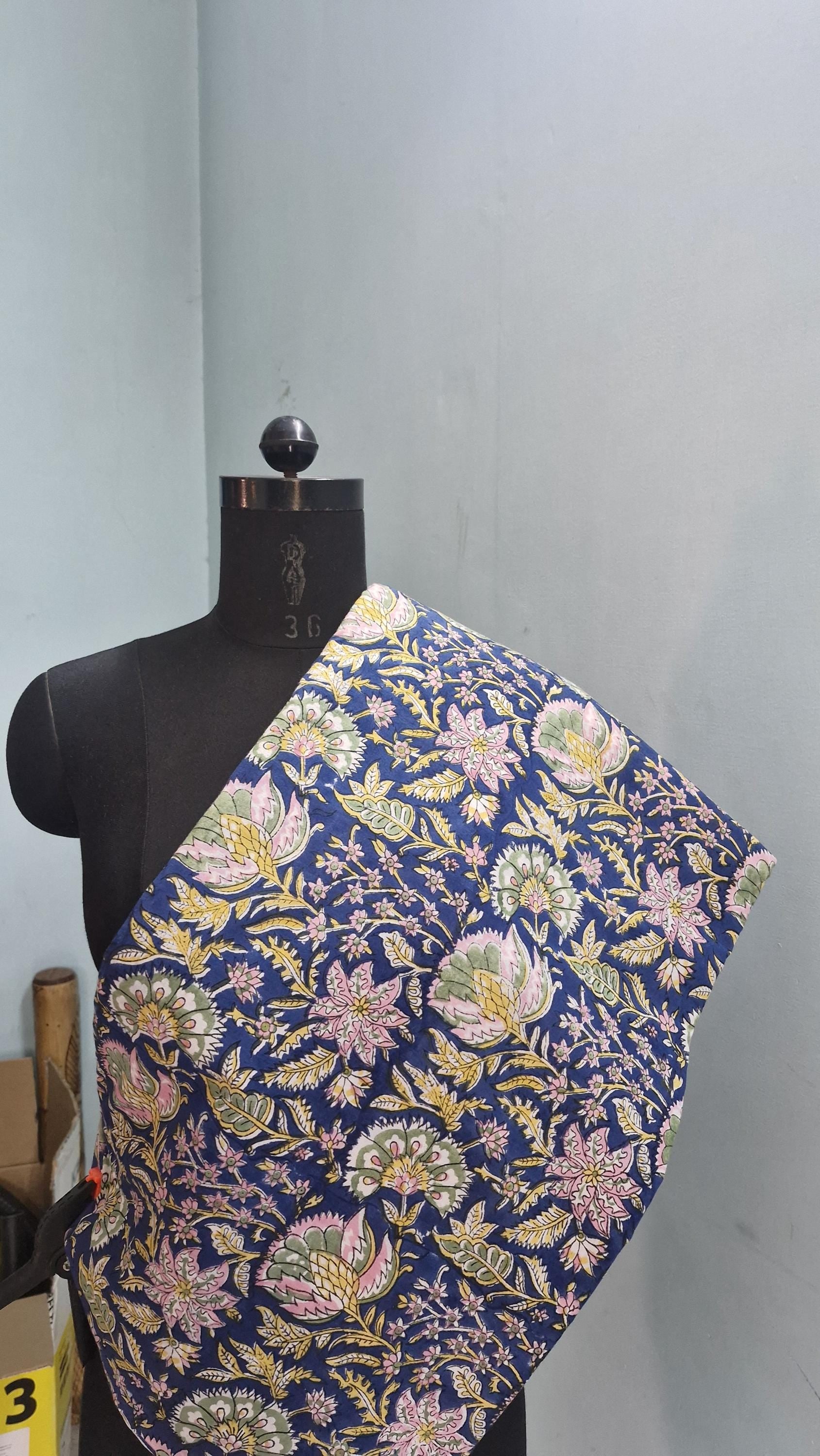 Indigo Blue Bagru Handblock Printed Cotton Fabric – Pastel Floral Jaal Design
