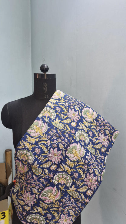 Indigo Blue Sanganeri Handblock Printed Cotton Fabric – Pastel Floral Jaal Design