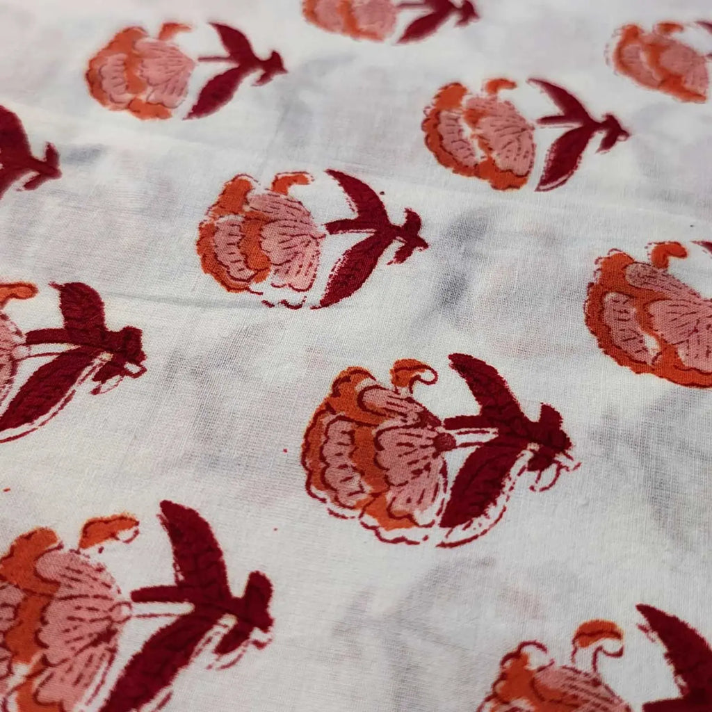 Sanganeri Hand Block Print Cotton Fabric – White Floral Print