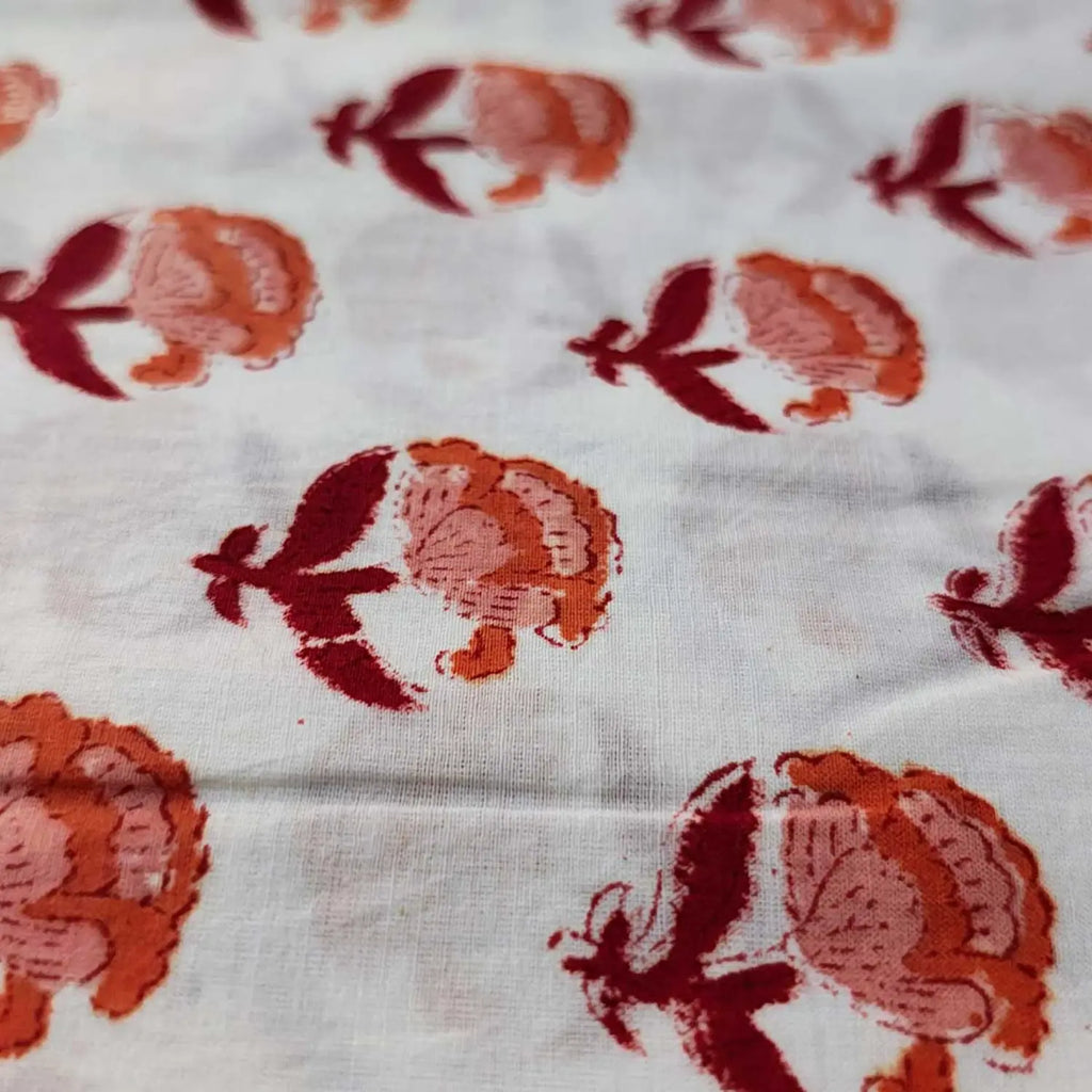 Sanganeri Hand Block Print Cotton Fabric – White Floral Print