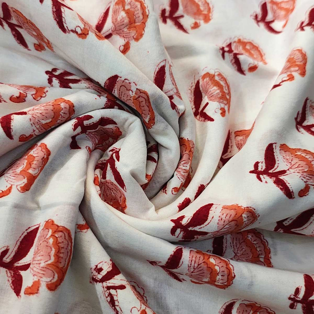 Handmade Bagru Print Textile – White Floral Print Cotton Material