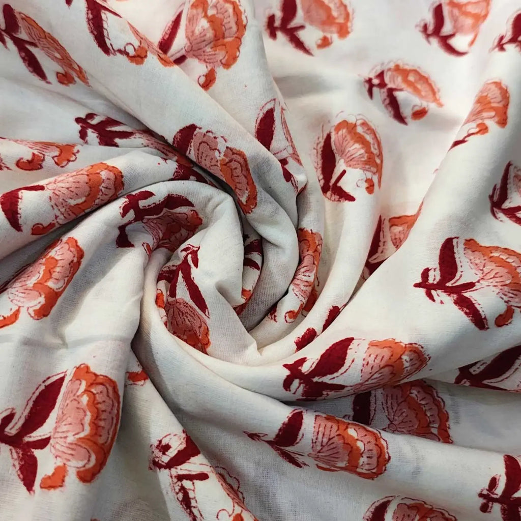Sanganeri Hand Block Print Cotton Fabric – White Floral Print