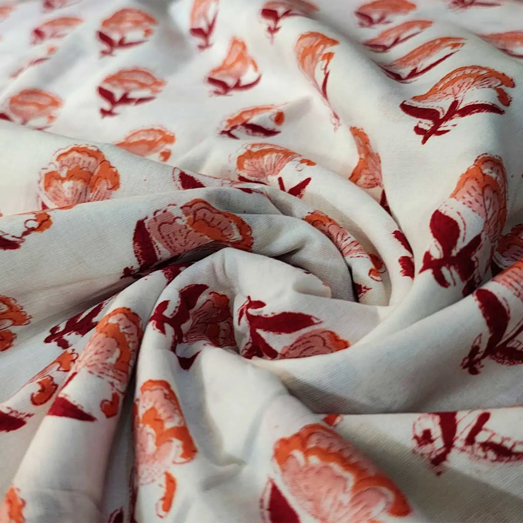 Sanganeri Hand Block Print Cotton Fabric – White Floral Print