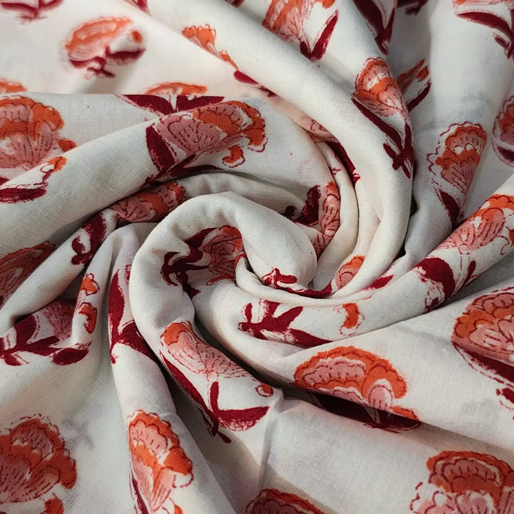 Sanganeri Hand Block Print Cotton Fabric – White Floral Print