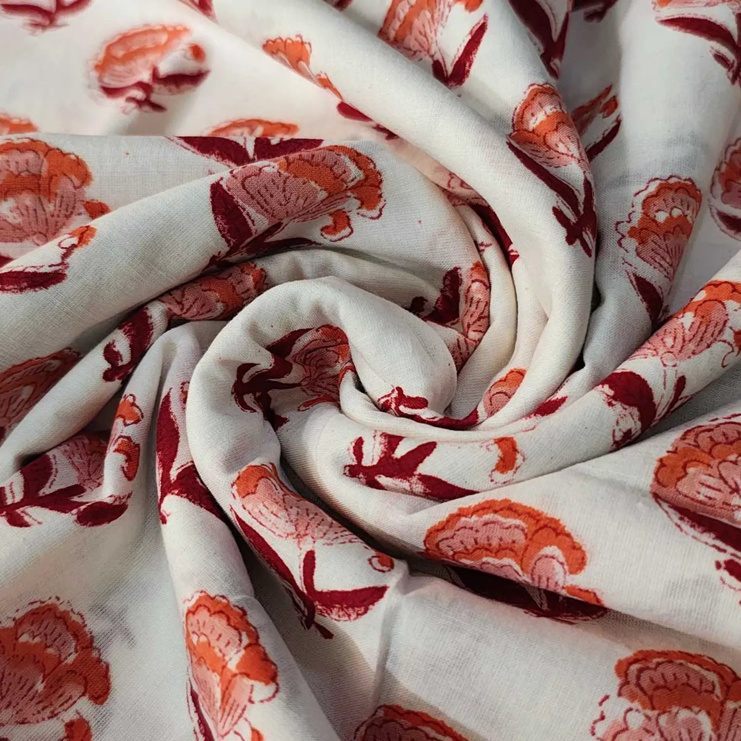 Sanganeri Hand Block Print Cotton Fabric – White Floral Print