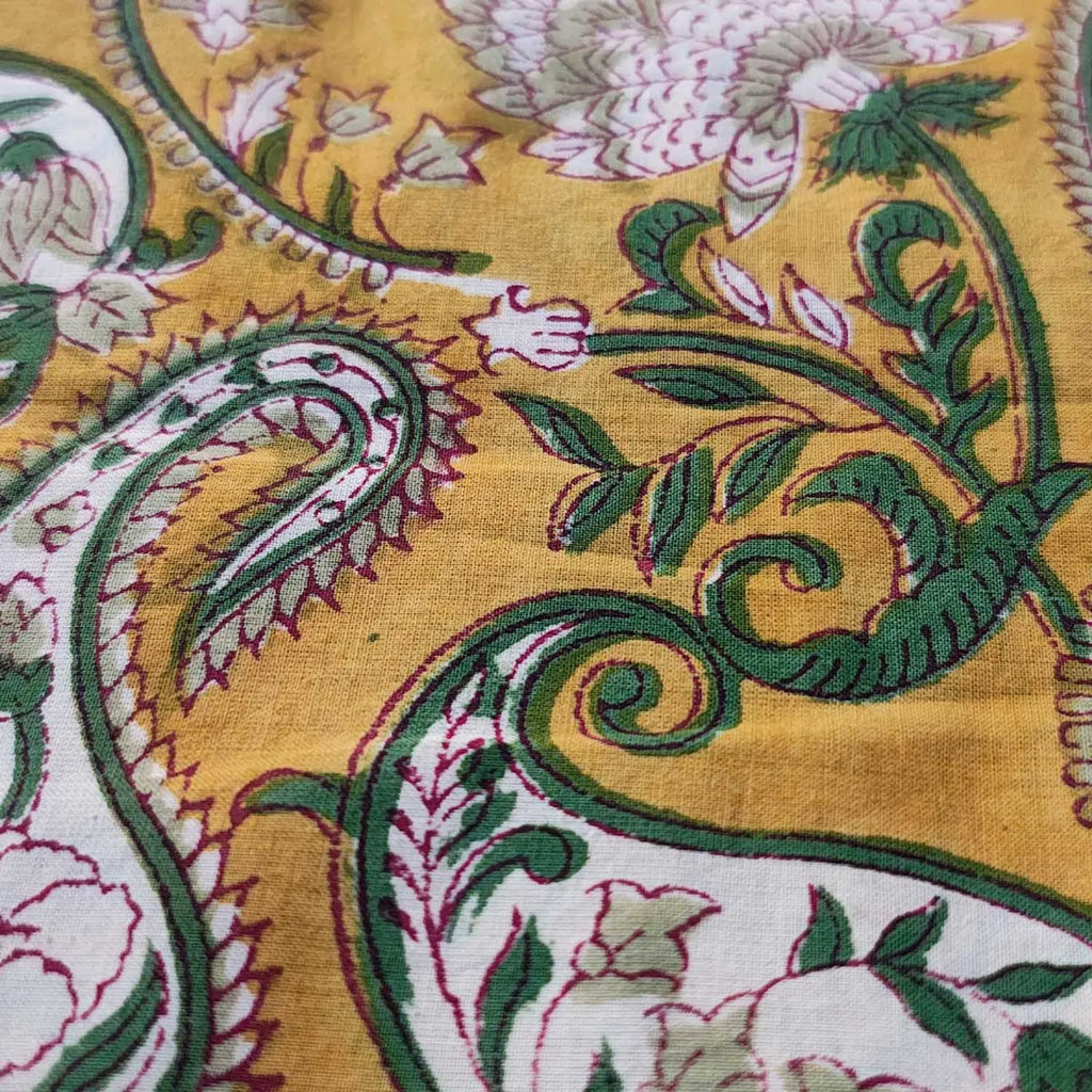 Sanganeri Hand Block Print Cotton Fabric – Mustard Yellow Floral Print