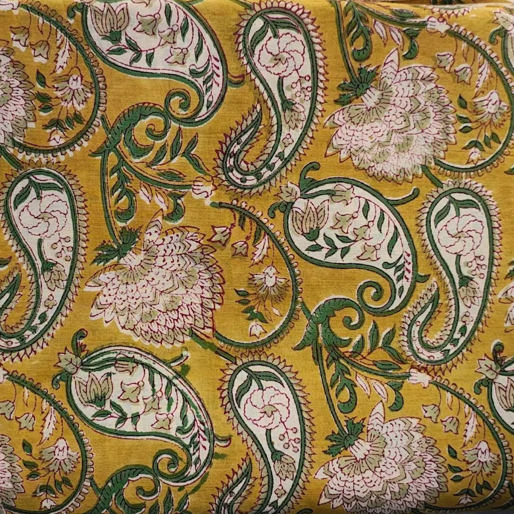 Sanganeri Hand Block Print Cotton Fabric – Mustard Yellow Floral Print