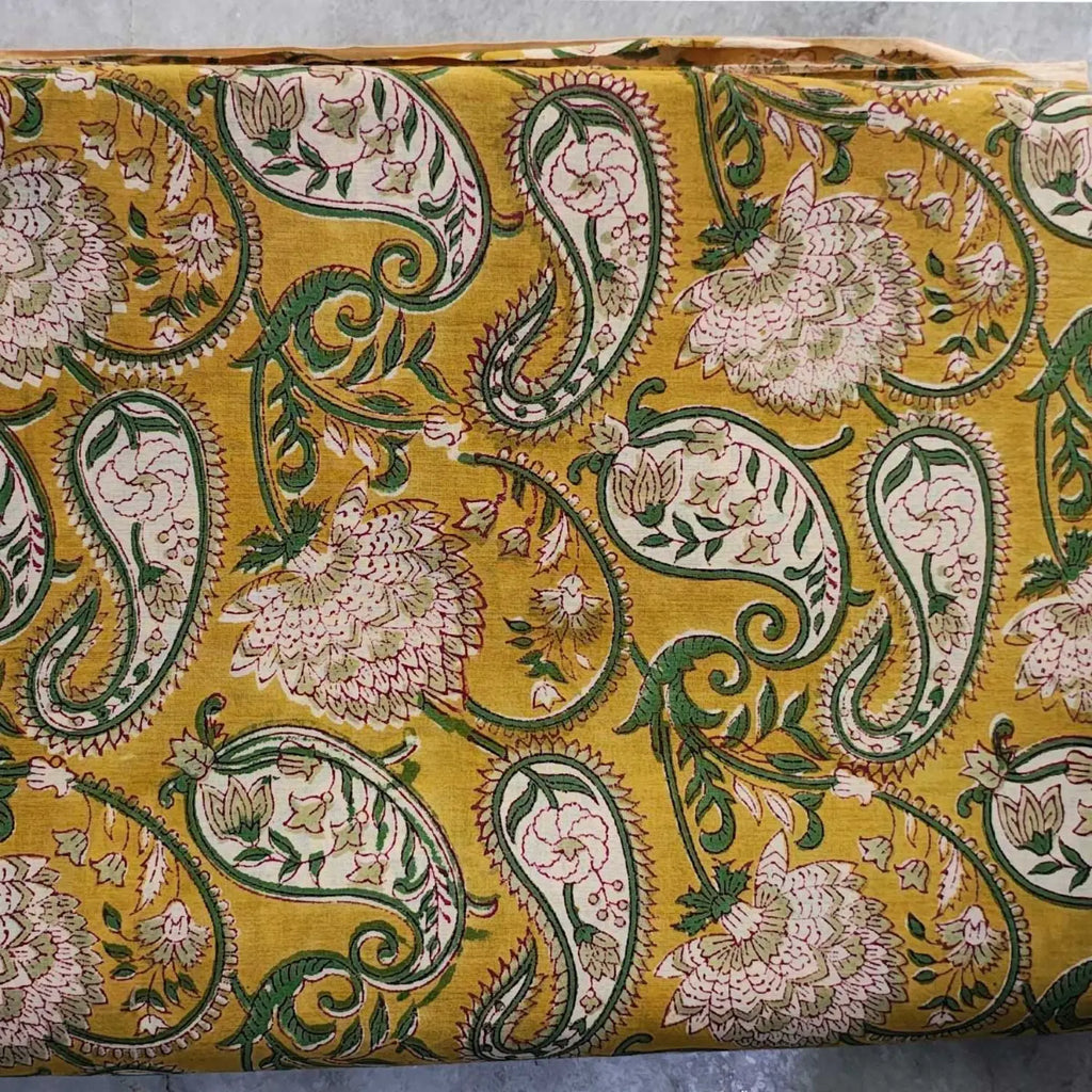 Sanganeri Hand Block Print Cotton Fabric – Mustard Yellow Floral Print