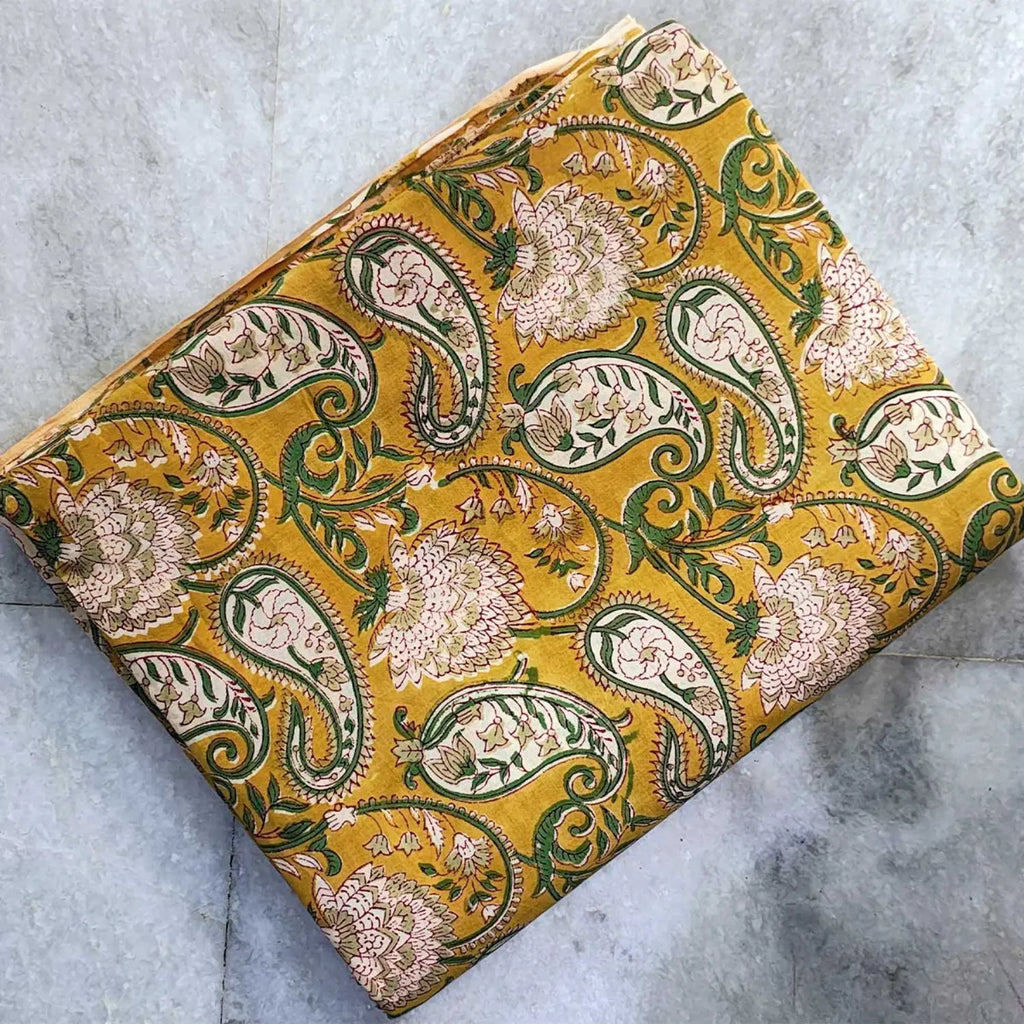 Sanganeri Hand Block Print Cotton Fabric – Mustard Yellow Floral Print