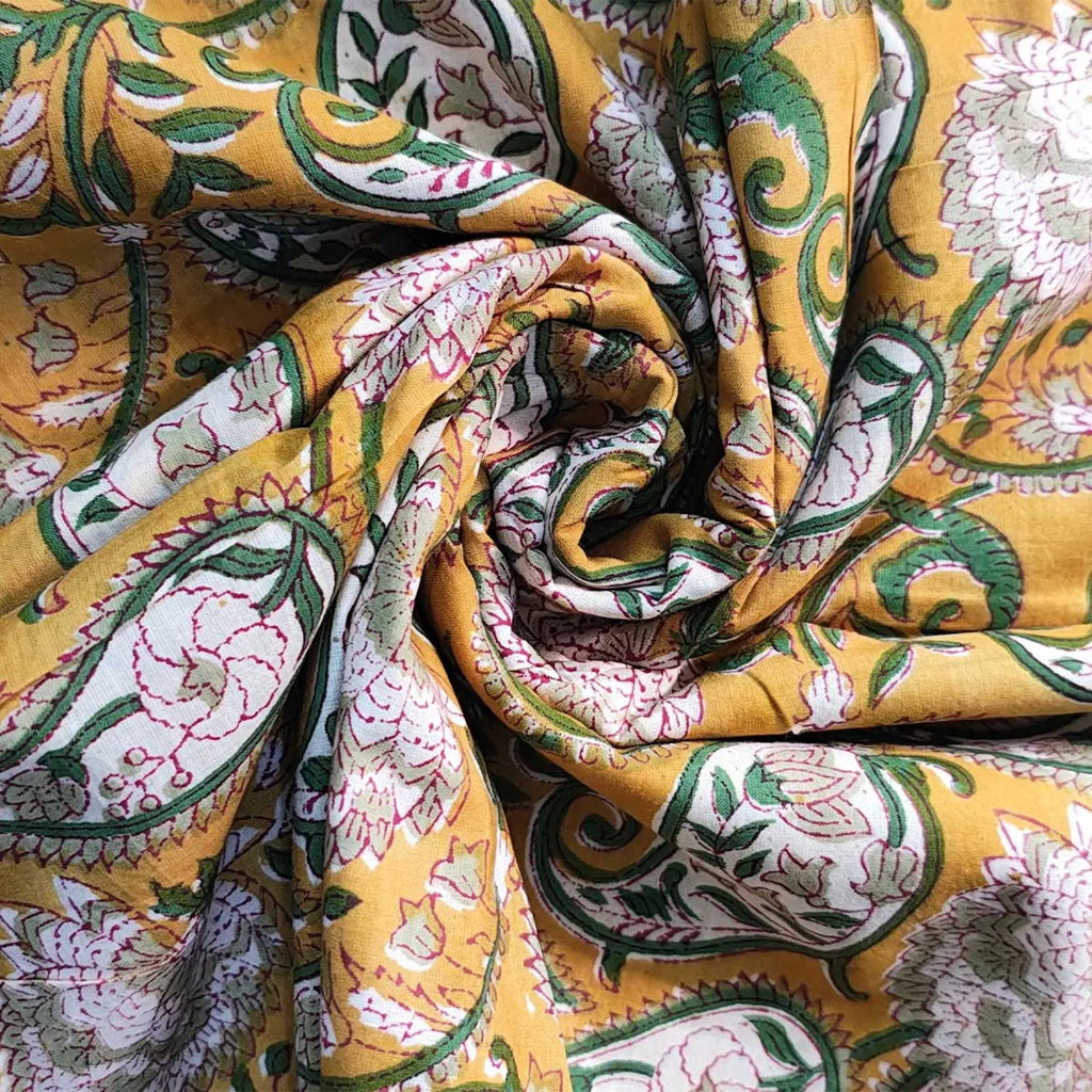 Sanganeri Hand Block Print Cotton Fabric – Mustard Yellow Floral Print
