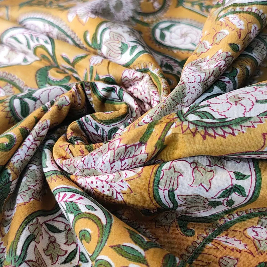 Sanganeri Hand Block Print Cotton Fabric – Mustard Yellow Floral Print