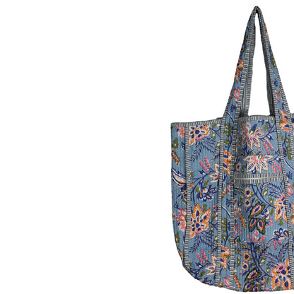 Handmade Block Print Cotton Quilted Tote Bag – Blue Floral