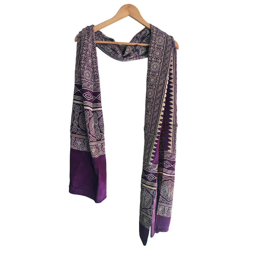 Ajrakh Hand Block Print Purple Color Viscose Stole | Traditional Geometric Print | L220 X W55 cm