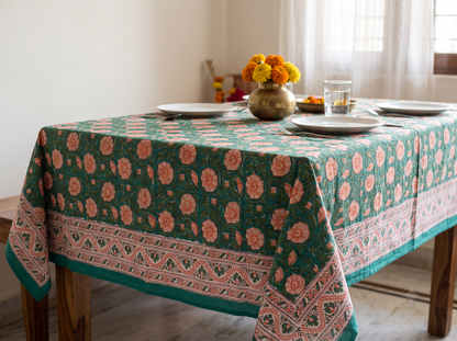 Sanganeri Hand Block Print Cotton Tablecloth 90x108, Pink Floral Mughal Buta Table Cover, 8 Seater Indian Dining Linen, Handmade Gif (Copy)