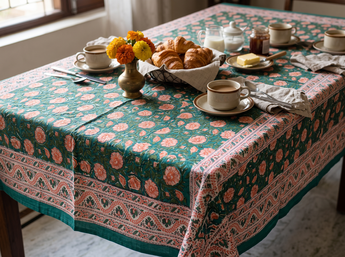 Sanganeri Hand Block Print Cotton Tablecloth 90x108, Pink Floral Mughal Buta Table Cover, 8 Seater Indian Dining Linen, Handmade Gif (Copy)