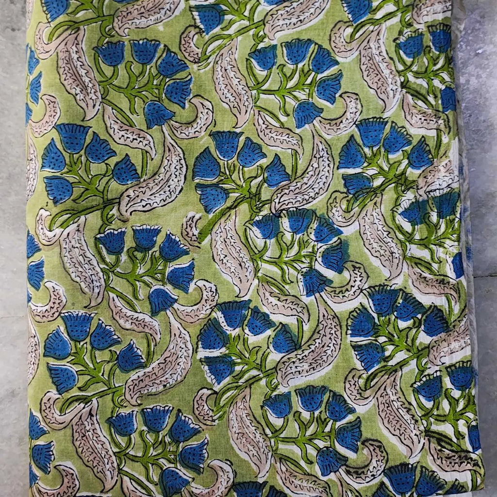 Sanganeri Hand Block Print Cotton Fabric – Green Floral Print