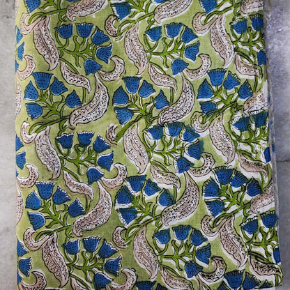 Sanganeri Hand Block Print Cotton Fabric – Green Floral Print