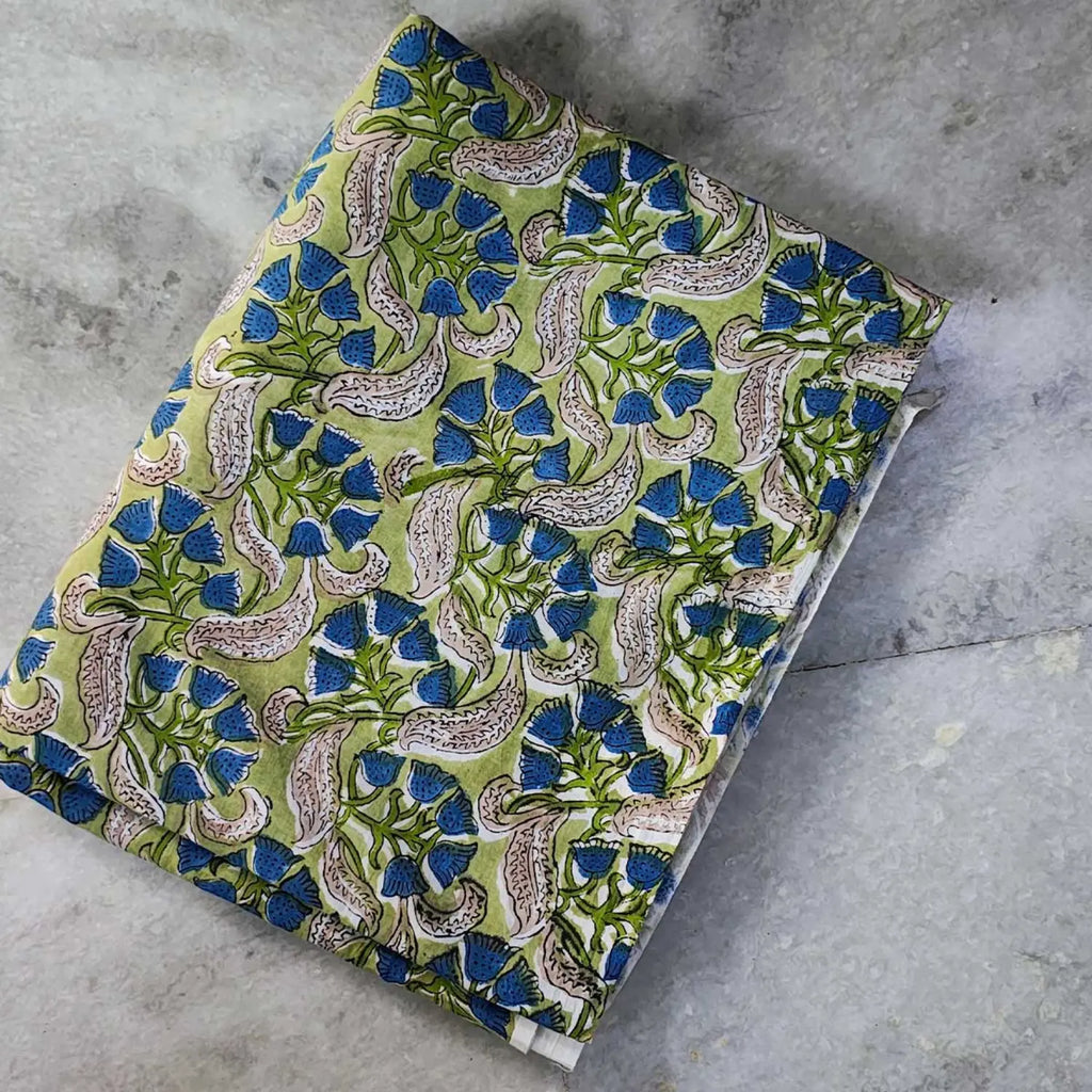 Sanganeri Hand Block Print Cotton Fabric – Green Floral Print