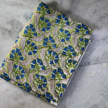 Sanganeri Hand Block Print Cotton Fabric – Green Floral Print
