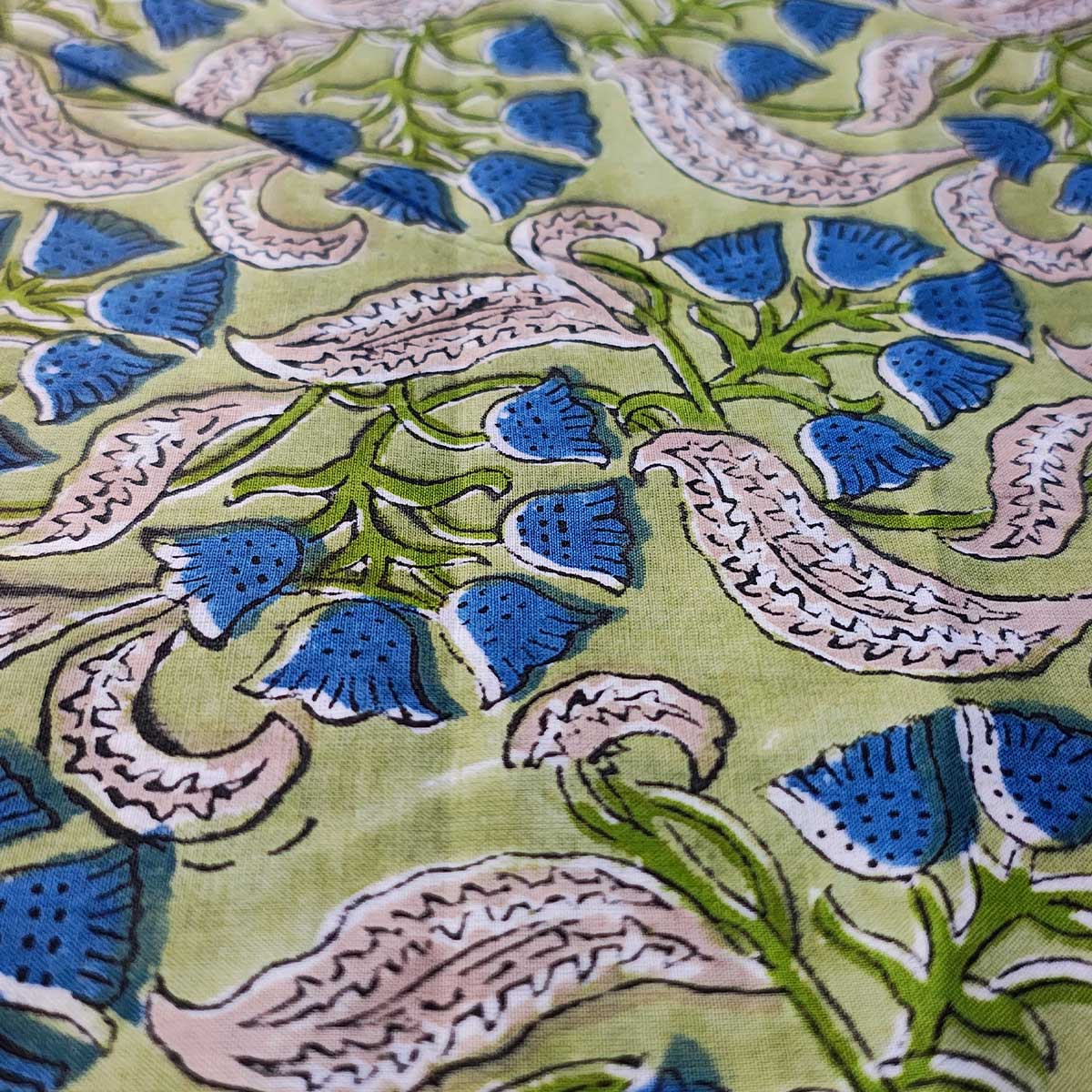 Handmade Bagru Print Textile – Green Floral Print Cotton Material