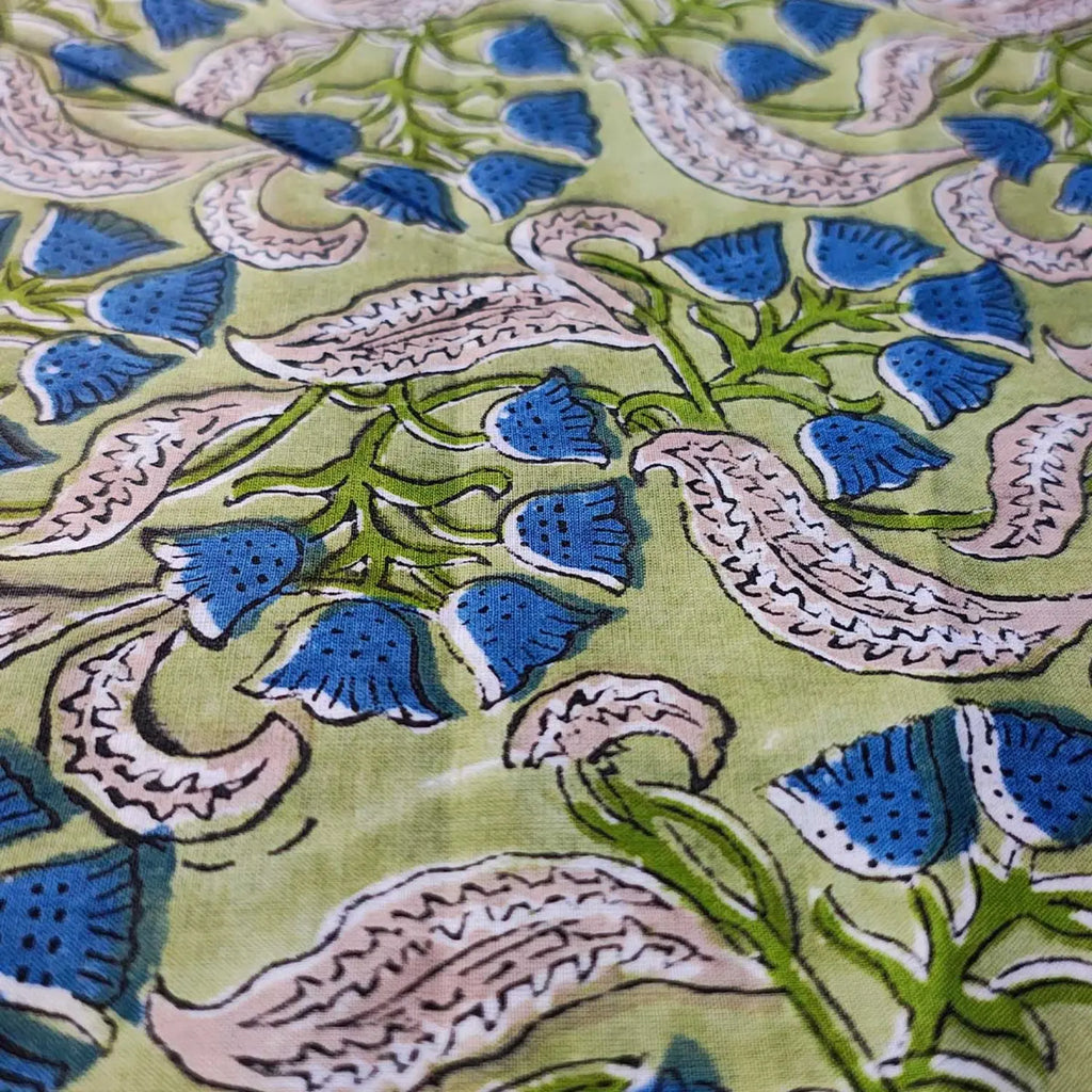 Sanganeri Hand Block Print Cotton Fabric – Green Floral Print