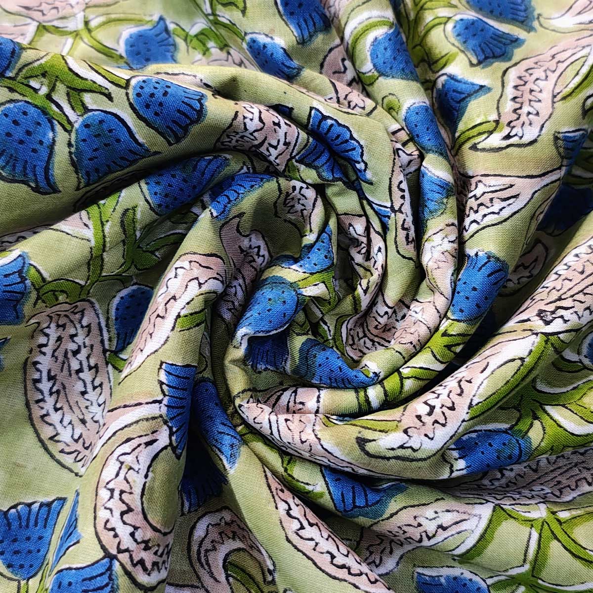Handmade Bagru Print Textile – Green Floral Print Cotton Material