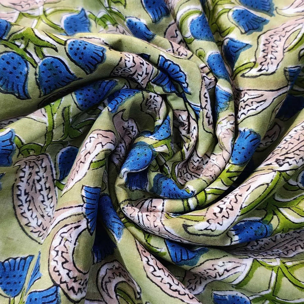 Sanganeri Hand Block Print Cotton Fabric – Green Floral Print