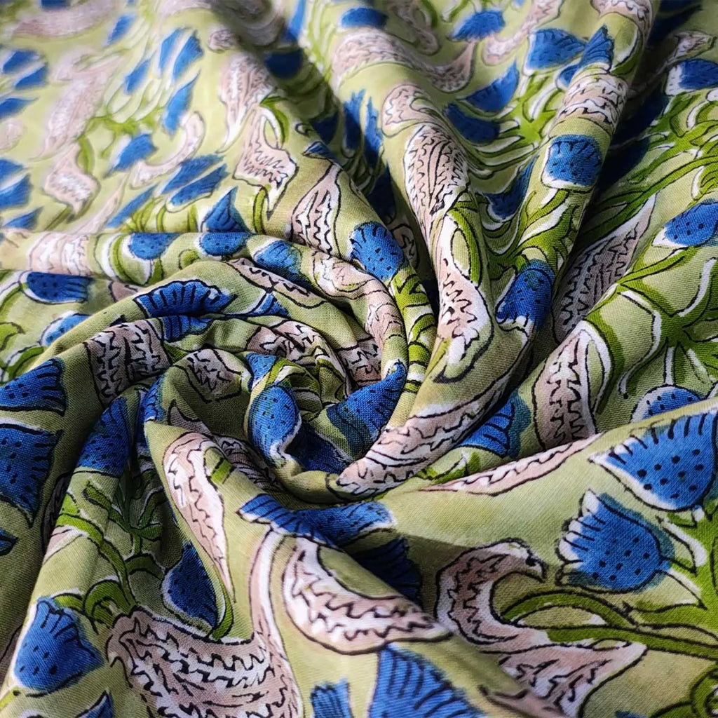 Sanganeri Hand Block Print Cotton Fabric – Green Floral Print